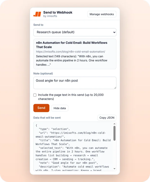 The popup with selected text, a note and the JSON preview that will be sent